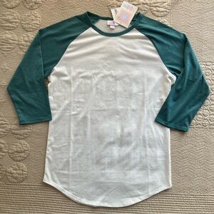 New Sz S LuLaRoe Randy Tee, 3/4 Raglan Sleeve Baseball Style, green/teal & white
